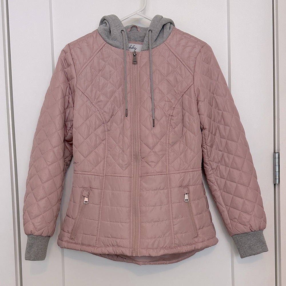 Sebby Pink Quilted Puffer Jacket with Gray Hood and Cuffs, size M